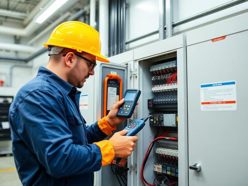 Elektriker utför elservice och underhåll av elinstallation i fastighet